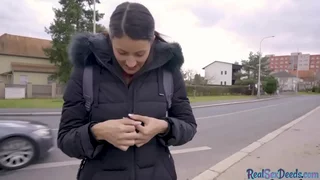 Lonely brunette shows tits before pickup and has public sex