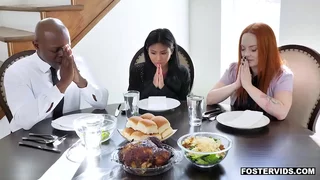 Asian stepdaugther Ember Snow accidentally spills water to her foster stepdad Will Teil and gave a blowjob to him as punishment then started a 3some with stepmom&period;