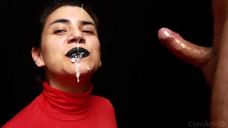 CFNM - Red turtleneck, Black lips - Handjob   Cum mouthful   Cum on clothes